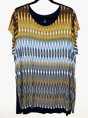 DB Aztec Print Navy Blue Mustard Yellow Stretch Knit Top 2X